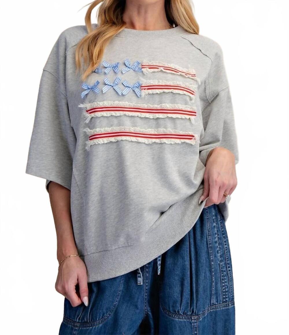 NEW EASEL american flag fleece top in heather grey